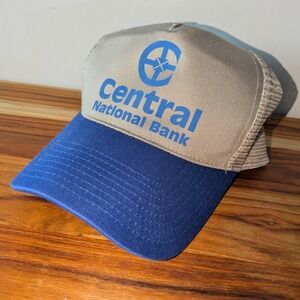 Vintage Central‎ National Bank Trucker Hat Cobra Snapback Mesh Cap Beige Blue